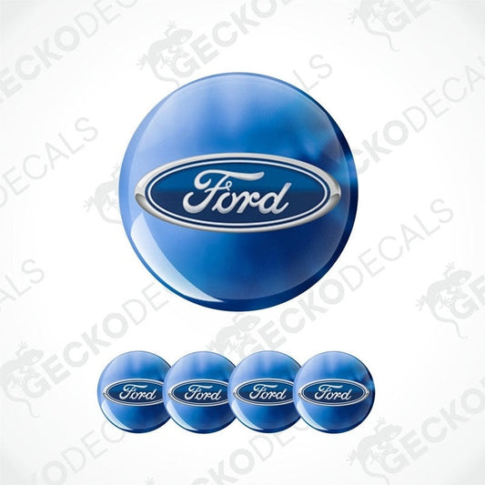 Set of blue Ford logo stickers on a white background with 'Gecko Decals' branding.