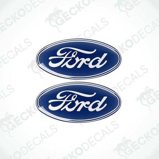 Two blue vinyl stickers with the word 'FORD' written in white, with a GeckoDecals watermark on the image.
