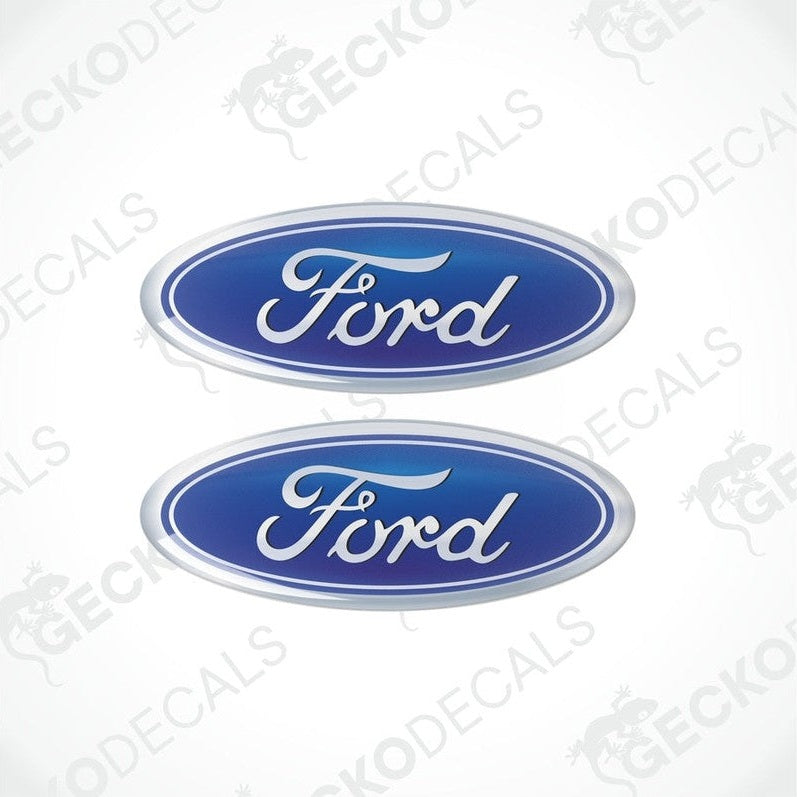 Two blue vinyl stickers with the FORD logo, designed to be applied on a vehicle.