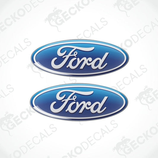 Two blue vinyl stickers with the word 'FORD' in white letters, with a GeckoDecals watermark on the image.