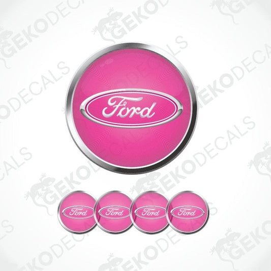 Pink Ford logo with chrome rim on a white background