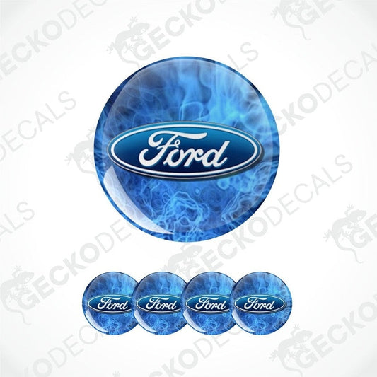 Set of blue Ford logo decal stickers on a white background with 'Gecko Decals' branding.