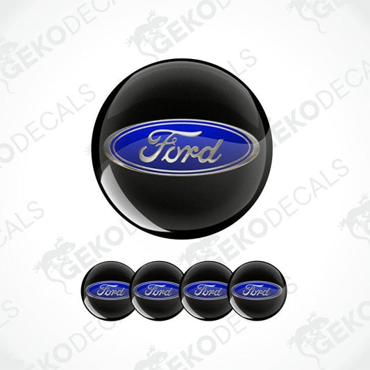 Ford logo on black round decal with additional decals below on a white background.