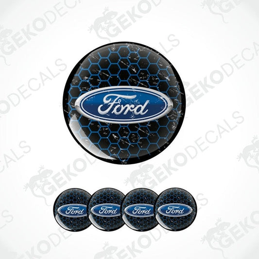 A set of four blue and black Ford branded vinyl decals with a geometric pattern.