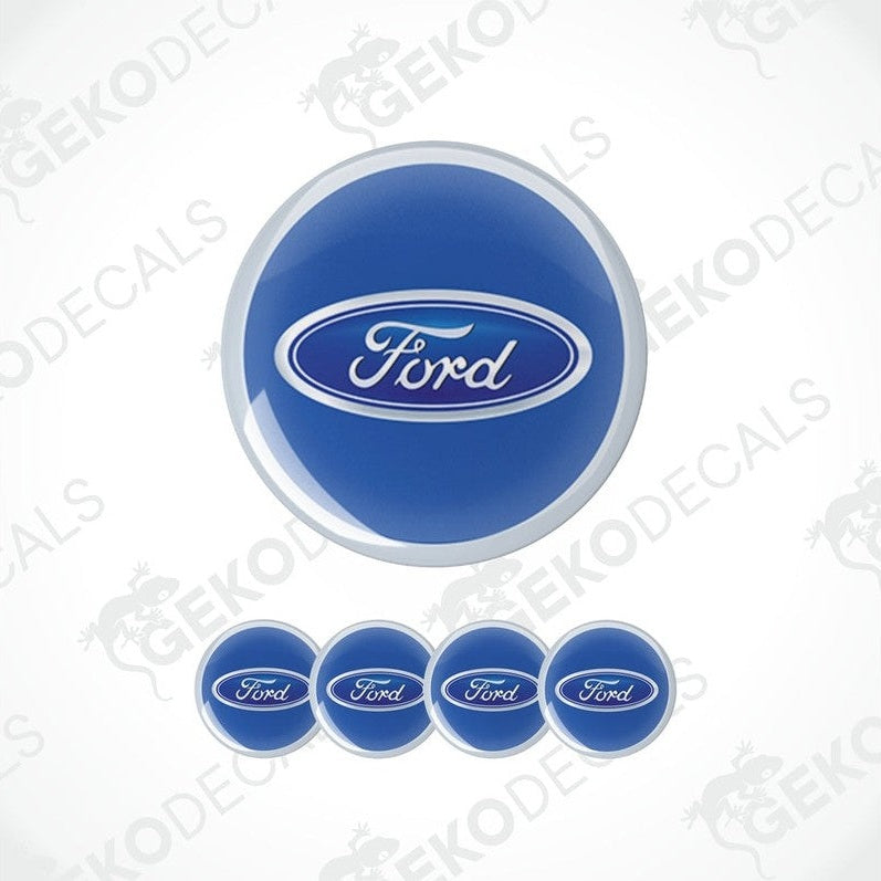 A set of blue vinyl decals with the Ford logo, including one large decal and four smaller ones.