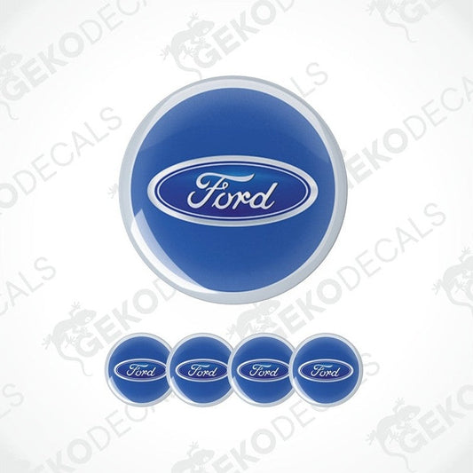 A set of blue vinyl decals with the Ford logo, including one large decal and four smaller ones.