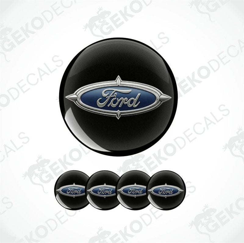 Ford logo decal on a black background with additional decals below.