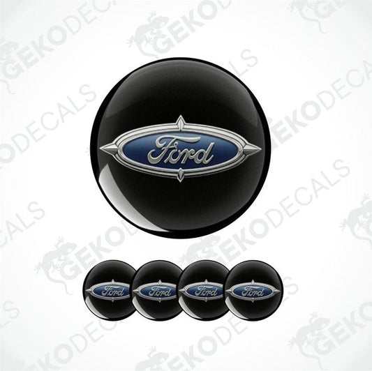 Ford logo decal on a black background with additional decals below.