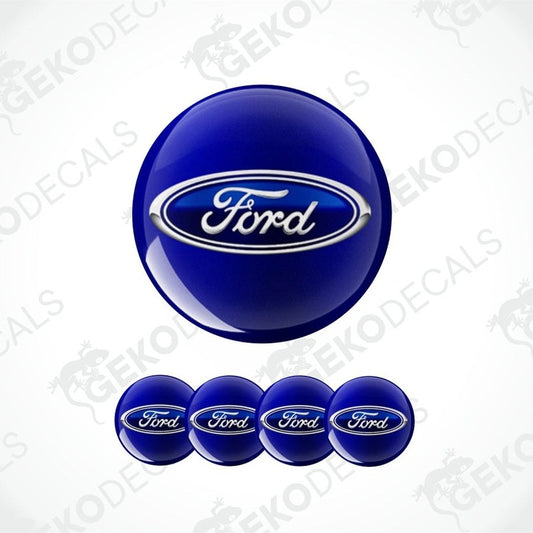 Blue 3D Ford logo decal on a white background with 'Geckodecals' watermark. 