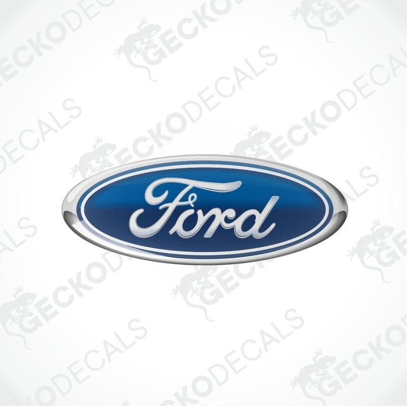 Blue oval-shaped Ford vehicle decals with white and silver text.