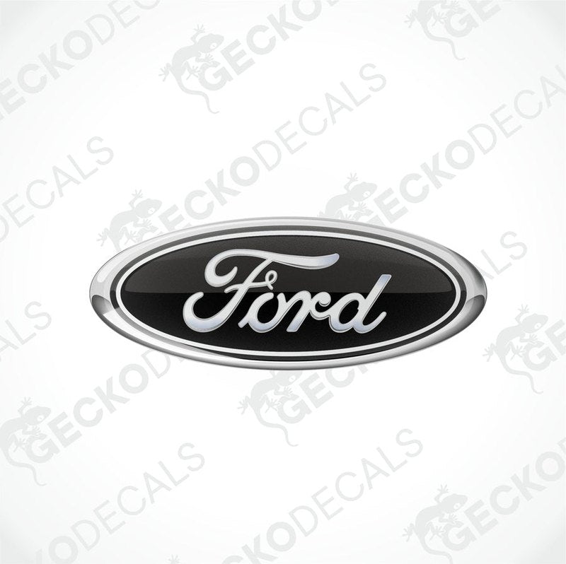  Black oval-shaped Ford vehicle decals with white and silver text.
