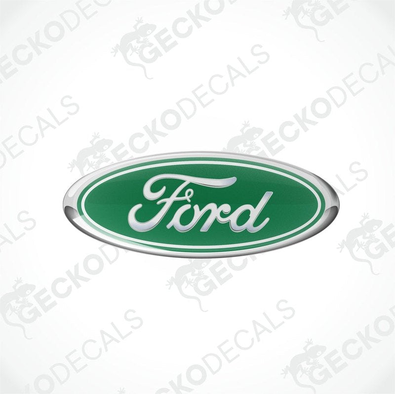 Green oval-shaped Ford vehicle decals with white and silver text.