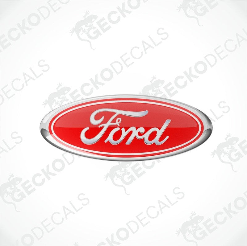 Red oval-shaped Ford vehicle decals with white and silver text.