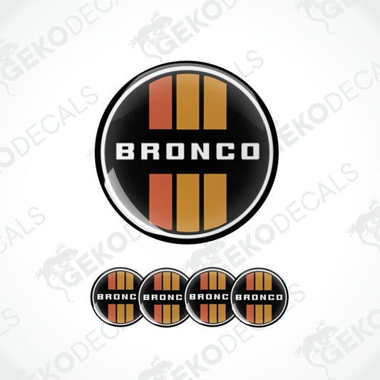A set of four brown, orange, black, and white geometric patterned vinyl stickers with the word 'BRONCO' on them.