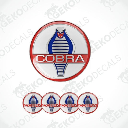 A set of vinyl decals for a car, featuring the Cobra logo with red, white, and blue colors.