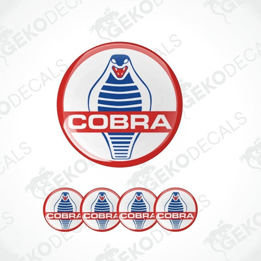 A set of four vinyl decals with a polyurethane coating featuring the Cobra logo in red and blue on a white background.
