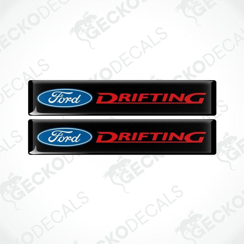 Two black vinyl decals with the Ford logo and the word 'DRIFTING' in red letters.