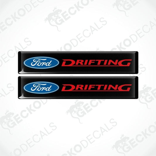 Two black vinyl decals with the Ford logo and the word 'DRIFTING' in red letters.