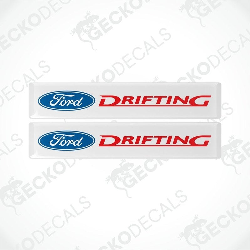 Two white vinyl decals with the Ford logo and the word 'DRIFTING' in red letters.