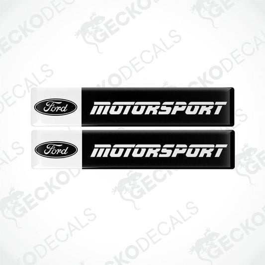 Two black vinyl stickers with the FORD MOTORSPORT text in white. Each sticker has a white border and the FORD logo at one end.