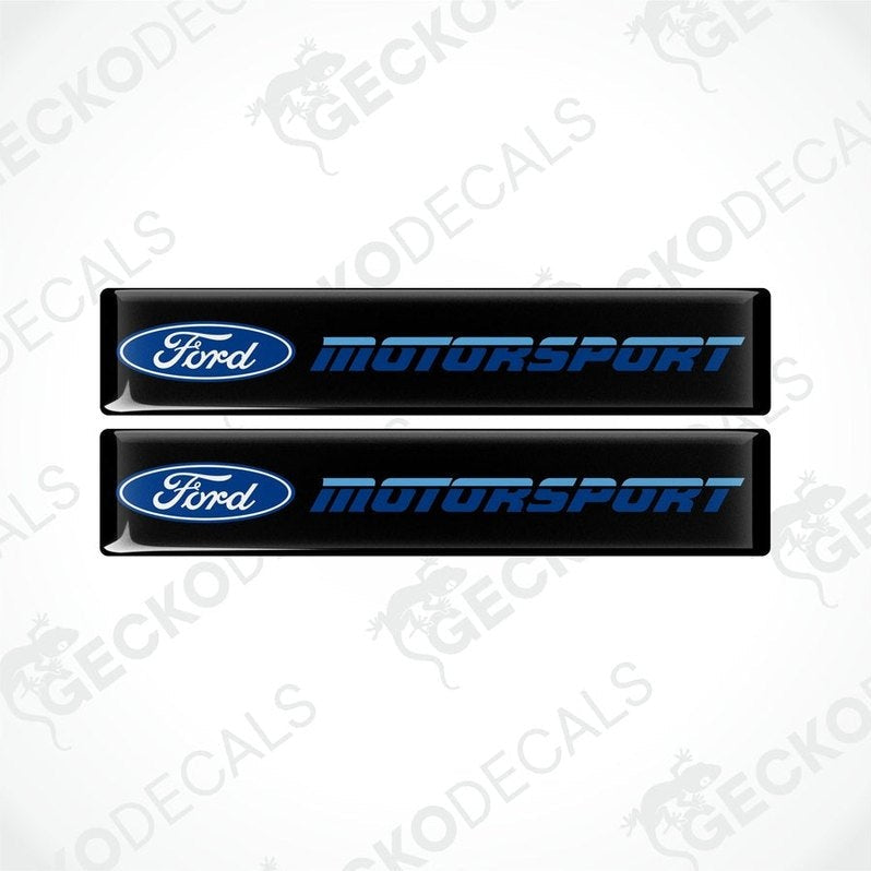 Two black vinyl decals with the Ford Motorsport logo in blue and white