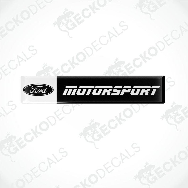 Black vinyl stickers with the FORD MOTORSPORT text in white. Each sticker has a white border and the FORD logo at one end.