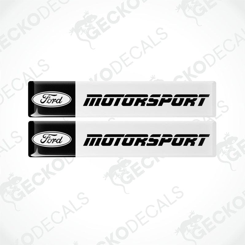 Two white vinyl stickers with the FORD MOTORSPORT text in black. Each sticker has a black border and the FORD logo at one end.