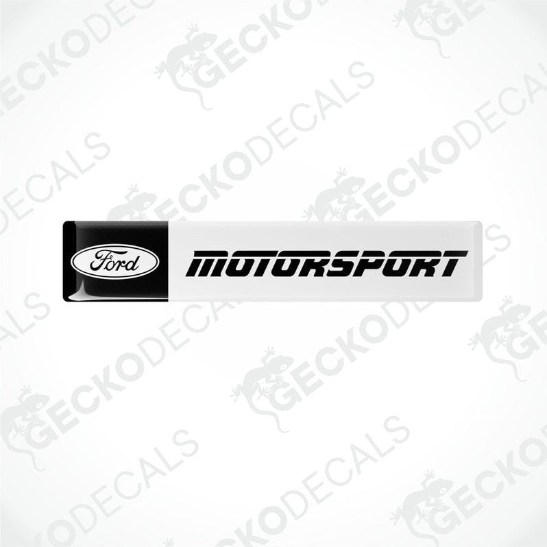 White vinyl stickers with the FORD MOTORSPORT text in black. Each sticker has a black border and the FORD logo at one end.