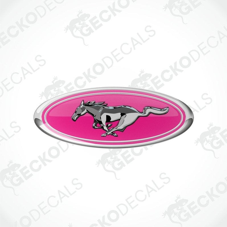 Pink, silver, and white vinyl stickers with a horse and the FORD MUSTANG logo on them.