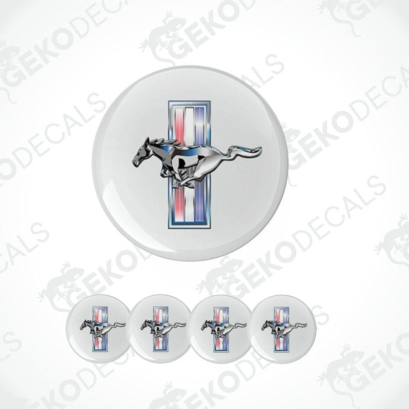 A set of four round vinyl stickers with a depiction of a horse (a Mustang) in a geometric pattern on a white background, accompanied by the text 'GeckoDecals'.