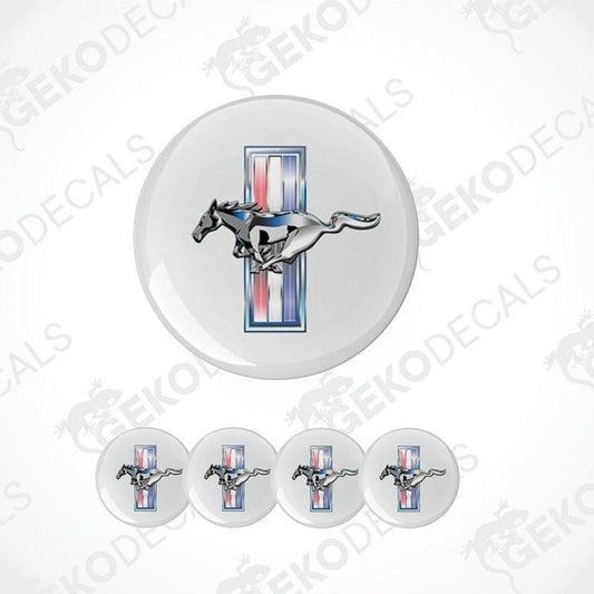 A set of four round vinyl stickers with a depiction of a horse (a Mustang) in a geometric pattern on a white background, accompanied by the text 'GeckoDecals'.