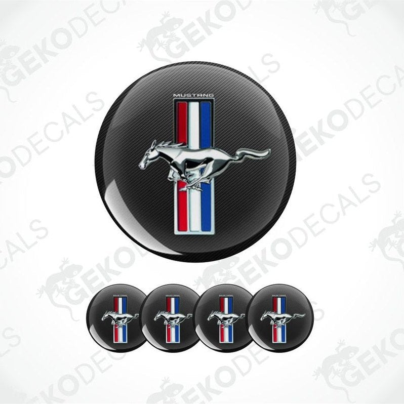 Ford Mustang logo with horse emblem on a black background, surrounded by five smaller versions of the logo.