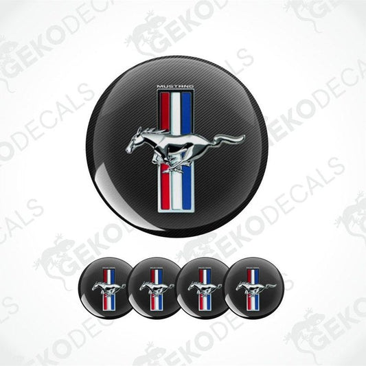Ford Mustang logo with horse emblem on a black background, surrounded by five smaller versions of the logo.