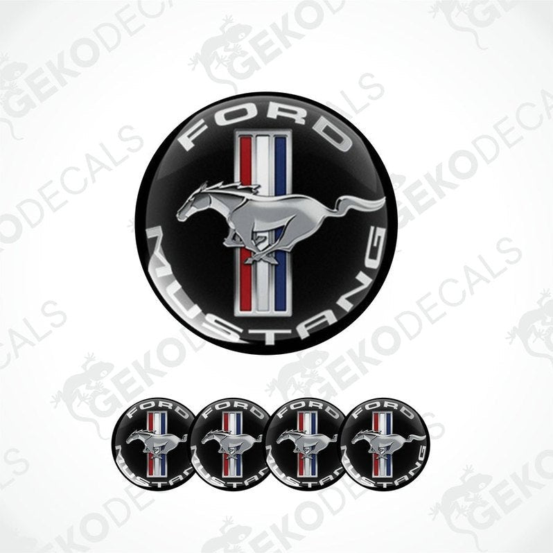 Set of four Ford Mustang branded vinyl decals with a polyurethane coating, featuring the iconic mustang horse logo.