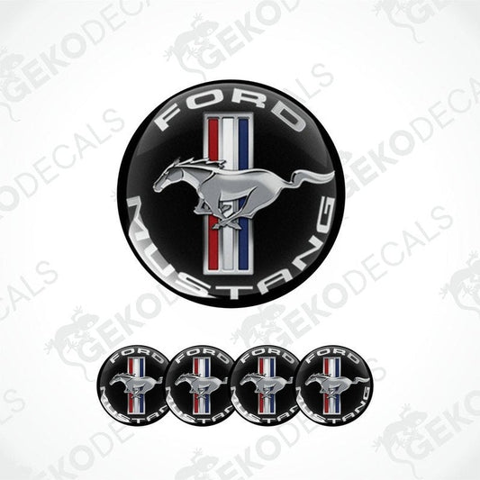 Set of four Ford Mustang branded vinyl decals with a polyurethane coating, featuring the iconic mustang horse logo.