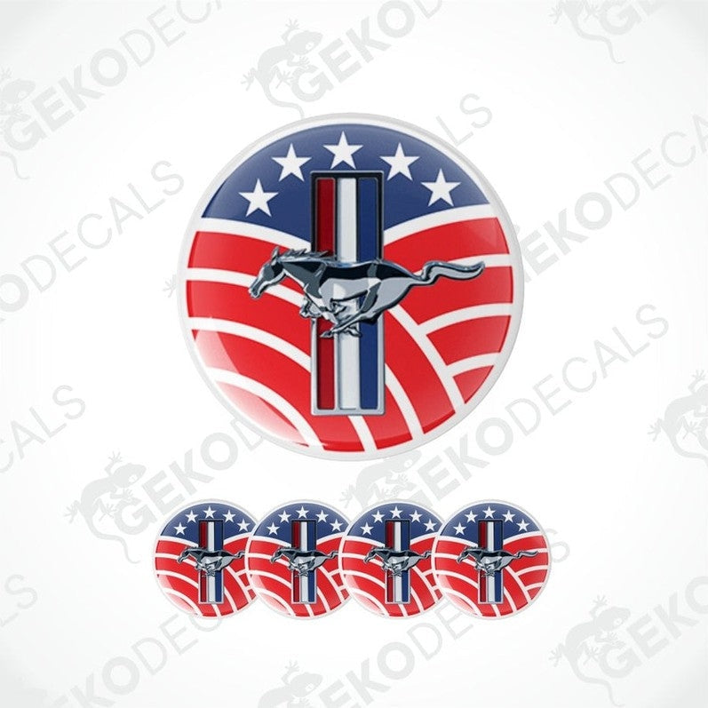 3D metallic Ford Mustang logo on a red, blue and white wavy background with white stars