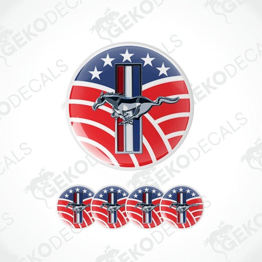3D metallic Ford Mustang logo on a red, blue and white wavy background with white stars