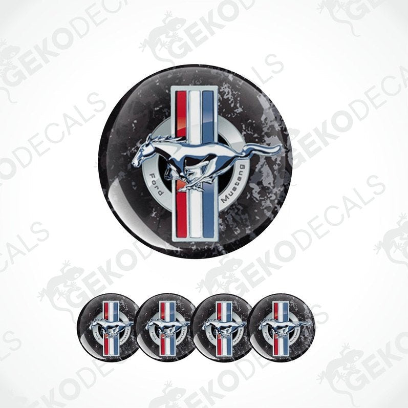 A set of four vinyl decals with polyurethane coating, featuring the Ford Mustang logo, designed for use on vehicles.