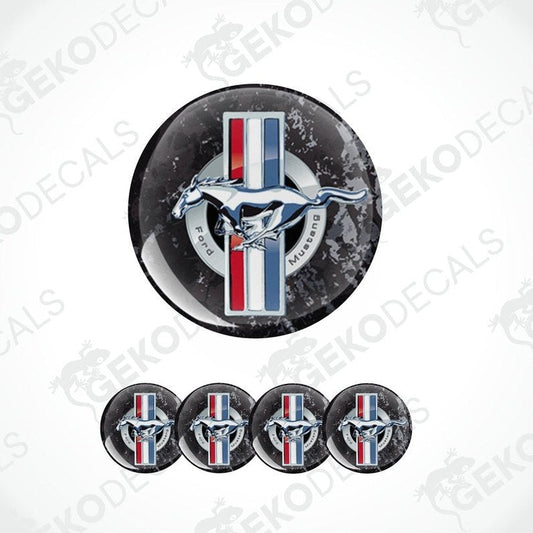 A set of four vinyl decals with polyurethane coating, featuring the Ford Mustang logo, designed for use on vehicles.