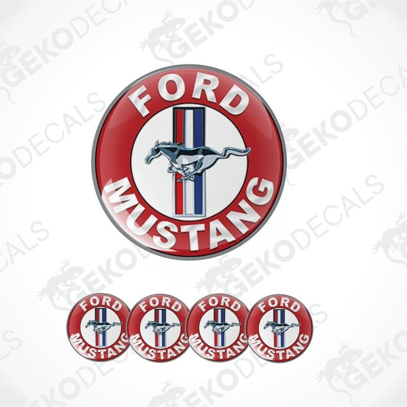 A set of four red and white Ford Mustang emblem stickers with a polyurethane coating.