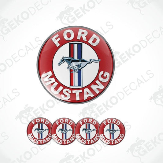 A set of four red and white Ford Mustang emblem stickers with a polyurethane coating.