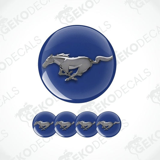 Set of blue and silver Mustang logo decals on a white background with 'GECKODECALS' branding.