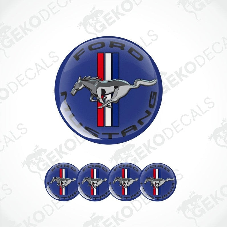 A set of round car decals featuring the Ford Mustang logo with a blue background, a red stripe, and a white mustang horse.