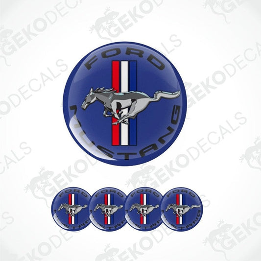 A set of round car decals featuring the Ford Mustang logo with a blue background, a red stripe, and a white mustang horse.