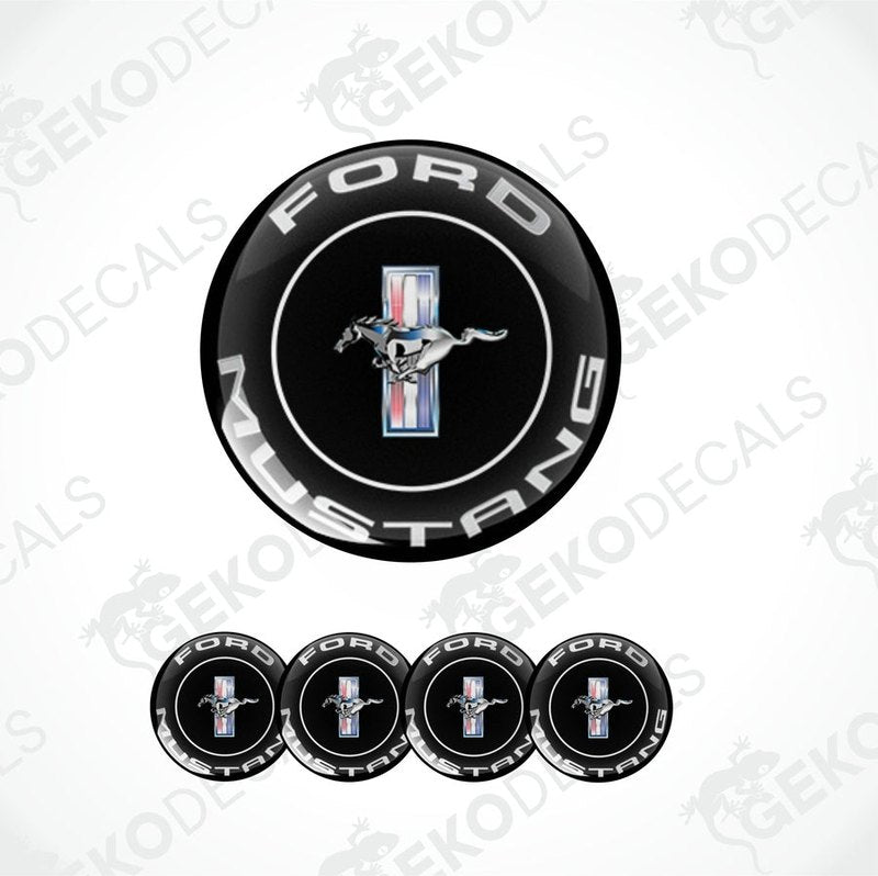 A set of four black, white, and red Ford Mustang wheel decals.