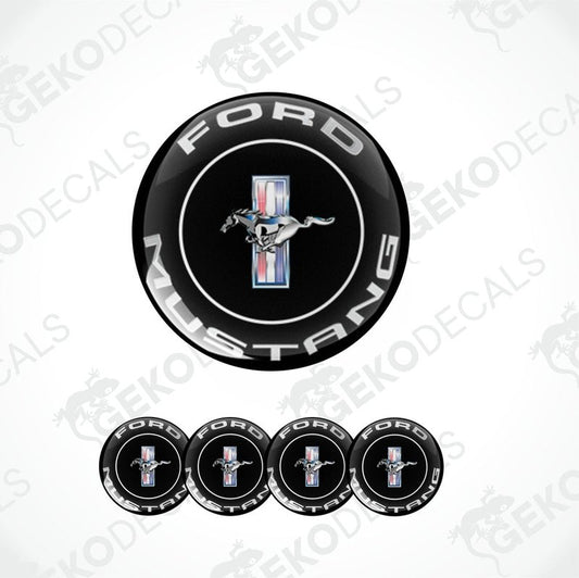 A set of four black, white, and red Ford Mustang wheel decals.