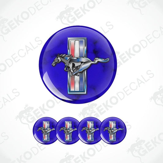A set of five vinyl decals, four with the Ford Mustang logo on a blue background and one with the logo on a white background.
