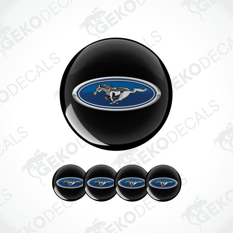 A set of four vinyl decals with a polyurethane coating, featuring the Ford Mustang logo, displayed on a white background.