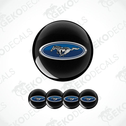 A set of four vinyl decals with a polyurethane coating, featuring the Ford Mustang logo, displayed on a white background.