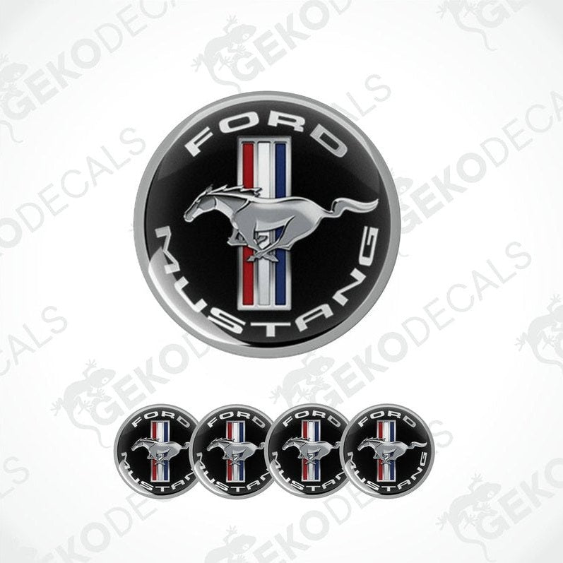 A set of four Ford Mustang branded vinyl decals with a polyurethane coating, featuring the iconic Mustang horse logo.
